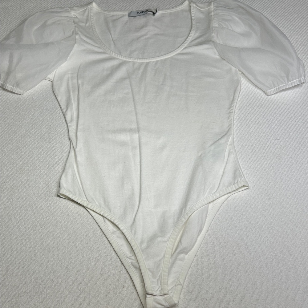 JustFab White Scoop Neck Bodysuit with Sheer Sleeves